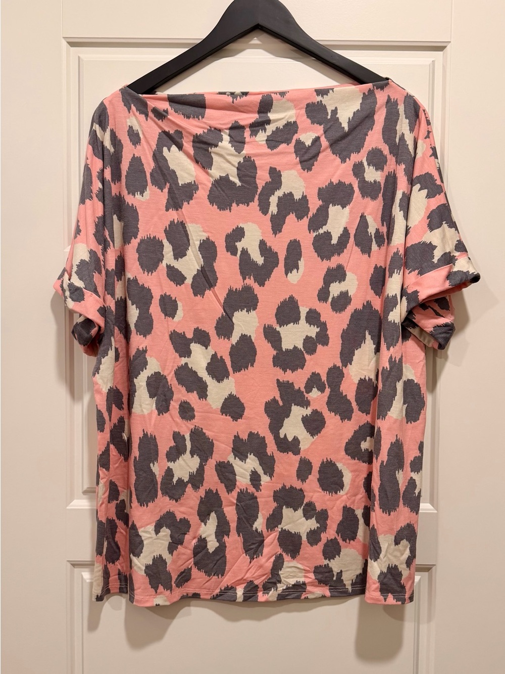 First Love Coral Pink Leopard Print Short Sleeve Off-the-Shoulder Tee